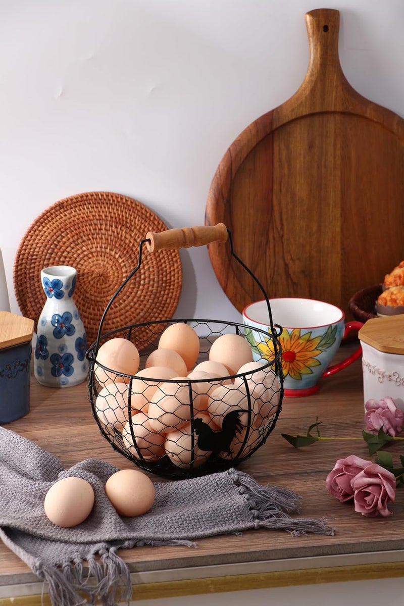 oskas Fresh Eggs Collecting Basket With Handle，Vintage Style Metal Wire Eggs Holder Basket for Countertop Kitchen Storage Bin - Image 3